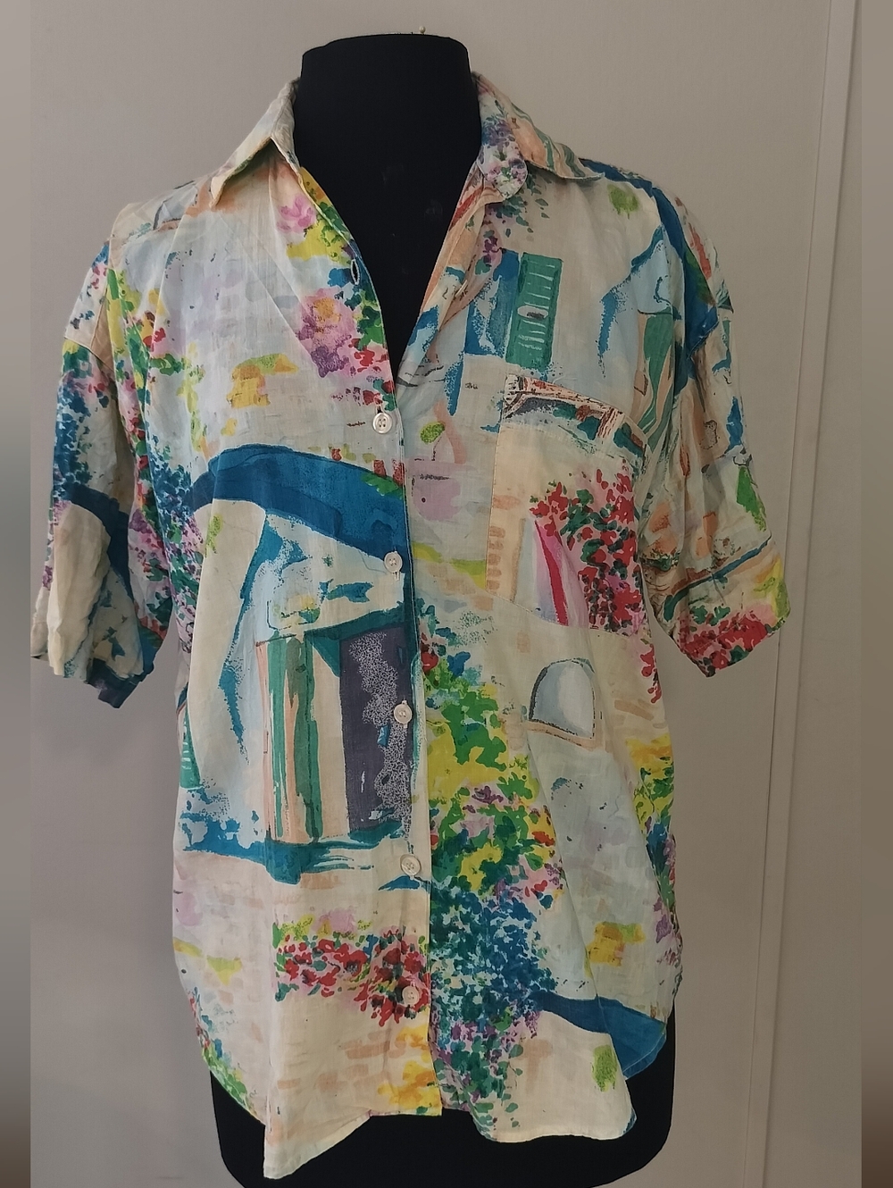 Men's Multicolor Watercolor Print Short-Sleeve Button-Down Shirt